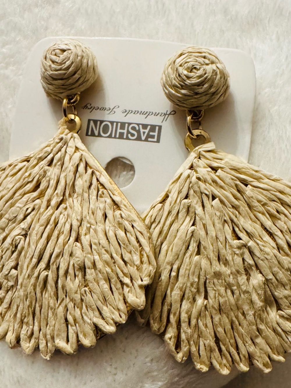 Beige Raffia Tassel Drop Earrings
